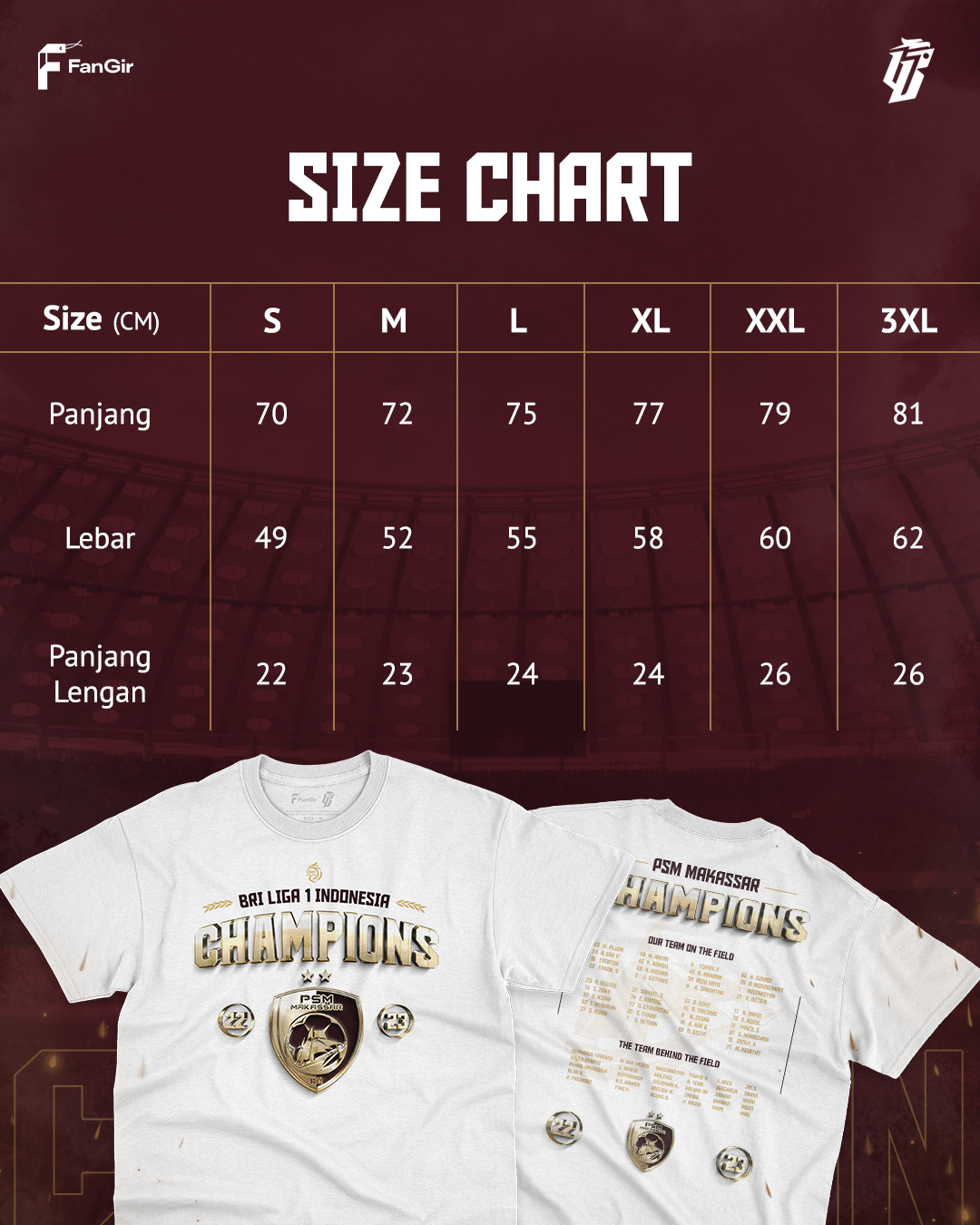 PSM Champions T-shirt 2022 2023 BRI liga 1 size chart